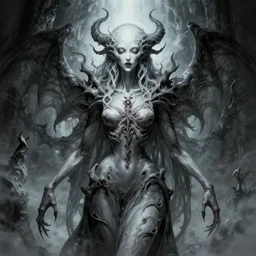 eldritch woman abomination of unimaginable horror by h. r. giger and junji ito, speculative evolution, op art with big bold patterns