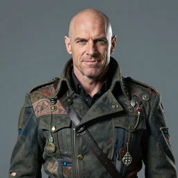 portrait of a middle aged half orc, wearing a patchwork military uniform jacket with cut sleeves and many charms and baubles worked into the fabric, with an upturned collar. thin fangs showing through his lower jaw with a bemused smile. blueish grey eyes staring intently with a definite intelligence. final fantasy character