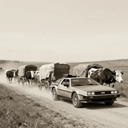 a monochromatic sepia photograph of a delorean traveling with covered wagons and cattle on the oregon trail, trending on art station,