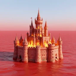a burning castle in a red sea