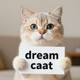 realistic high quality photo of a cute cat holding a sign with text that reads : dream caat, cats