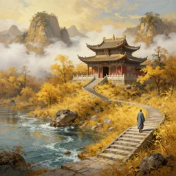 a gorgeous golden fall landscape painting by barlowe wayne, maxfield parrish and marco mazzoni. an abandoned chinese temple. clouds and mist among the mountains. a lonely chinese grey blue monk walks on the winding stone steps, 3 d, octane render, turbulent blood lake, 8 k.