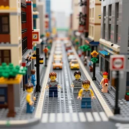 lego city street gritty macro long depth of field photograph street view, looks like new york in lego, like the lego movie