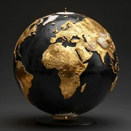 3 d world globe, oceans black, continents gold, photo realistic, ultra detailed, 4 k