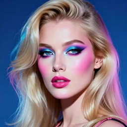 stunning cyberpunk portrait of a beautiful blonde woman by herb ritts. glossy hair and makeup. supermodel. high fashion 1 9 6 0 s photography. retro makeup. vogue. blue and pink color scheme. canon 5 0 mm f / 1. 6