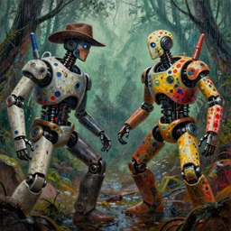 a beautiful intricate painting depicting epic battle between two self aware ai robots in cyberpunk rainforest, near future, realism, heroic, dirty, grunge, american style, western, jackson pollock, polkadot thrash, artstation trending, 1 st place, winner, concept art, fine details, alex ross, deviant art,