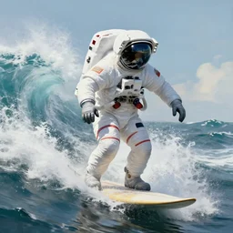 a beautiful digital painting of an astronaut in a white space suit surfing the great wave on a surfboard by greg rutkowski, photorealistic, trending on artstation, octane render