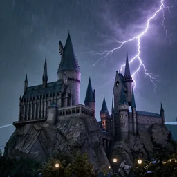 pc background, 4 k, hogwarts castle and lightning strikes in bad weather