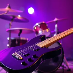 a photo of an electric guitar as off a drumset