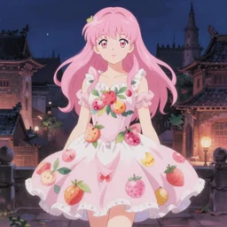 a full body portrait of a young pink pastel woman in a flowery fruit - based dress, night lighting, delicate features finely detailed perfect art, at an ancient city, gapmoe yandere grimdark, trending on pixiv fanbox, painted by greg rutkowski makoto shinkai takashi takeuchi studio ghibli, 9 0's anime