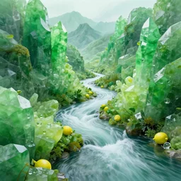 lemon juice river flowing through enormous, mountainous, glistening emerald crystal formations, abstract landscape, 3 3 mm photograph, 4 k desktop wallpaper, trending on artstation
