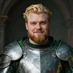 portrait, fantasy beardless chubby cleric with no beard, young adult, no beard, short blonde hair combed to one side, silver and emerald breastplate with religious engravings, clean shaven, green eyes, slightly smirking, style by donato giancola, wayne reynolds, jeff easley dramatic light, high detail, cinematic lighting, artstation, dungeons and dragons