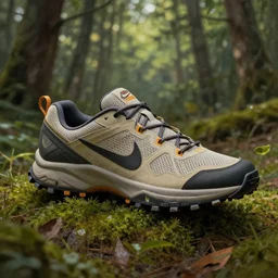 Nike trail sneaker in a forest painted by albert bierstadt