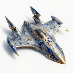 floral spaceship, beautiful starfighter with floral decoration patterns, intricate, ornate, blue and gold and silver, digital art, artstation