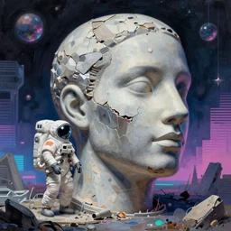 hyperrealistic surrealism, alex gross, award winning masterpiece with incredible details, a surreal vaporwave vaporwave vaporwave vaporwave vaporwave painting of a gigantic broken mannequin head sculpture in ruins, astronaut lost in liminal space, highly detailed, trending on artstation
