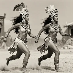 movie, beautiful distanced aztec warrior females runs into each other, epic, vintage, black and white, Boris vallejo, sepia, apocalypto