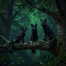 three black foxes sitting on a tree branch at night, lush green forest, dark night, perspective from below, trending on ArtStation, concept art, cgsociety, octane render, trending on artstation, artstationHD, artstationHQ, unreal engine, 8k