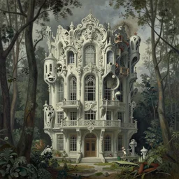 a painting of a building in the middle of a forest, a detailed matte painting by eugene von guerard, cgsociety, brutalism, matte painting, dystopian art, greeble, featured on polycount, oil paint, insanely detailed and intricate, hypermaximalist, elegant, ornate, hyper realistic, super detailed by zdzislaw beksinski, peter gric, arnold boeck