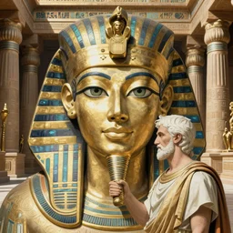 Cleopatra meets Julius Caesar in glorious Egyptian temple, symmetrical face, beautiful eyes, fine art, art nouveau masterpiece, art deco, semi realistic anime, museum quality work, cel shaded, art style of John Collier, Moebius, Studio Ghibli, hyperrealistic, detailed, cinematic, widescreen, 4K
