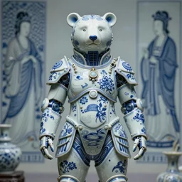 porcelain anthropomorphic bear cyborg armor, chinese blue and white porcelain 1 4 th century, porcelain background, diffuse lighting, fantasy, intricate, elegant, highly detailed, lifelike, photorealistic, digital painting, artstation, illustration, concept art, smooth, sharp focus, art by john collier and albert aublet and krenz cushart and artem demura and alphonse mucha