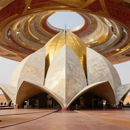 interior of a futuristic lotus temple with gold, red and white marble panels, in the desert, by buckminster fuller, intricate contemporary architecture, photo journalism, photography, cinematic, national geographic photoshoot