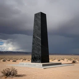 a landscape photograph by galen rowell of a gigantic black onyx memorial to the dead dominating an arid desert landscape, roiling storm clouds