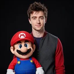 daniel radcliffe as mario, photo from a promo shoot, studio lighting, black background