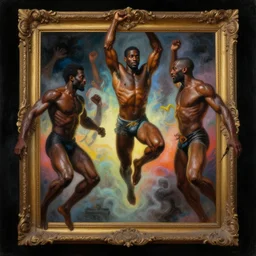 a baroque neoclassicist close - up painting of black bodybuilder people jumping out of picture frames. reflective detailed textures. glowing colorful fog, black background. highly detailed fantasy science fiction painting by moebius, norman rockwell, frank frazetta, and syd mead. rich colors, high contrast. artstation
