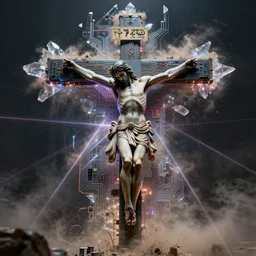christ on the cross, circuitry and sigils combined, photorealistic, technical, royo, frazetta, giger, leds, dust, laser light, crystalline shimmers, chaos, complexity, emergence,