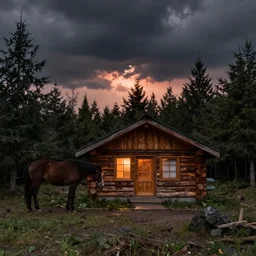 a photograph of a small cabin made of logs, situated in a forest, with a horse tethered outside, stormy sky, dramatic lighting, epic scene, evening light, sunset, cosy scene, landscape photography, fujifilm, fujinon, 2 4 mm, f 1 6, muted colours