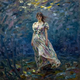 long female dress abandoned on the bottom of the sea, art by claude monet
