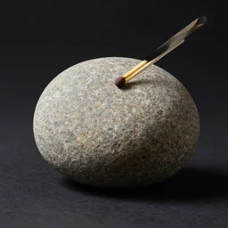 round boulder holding a match stick on a black background