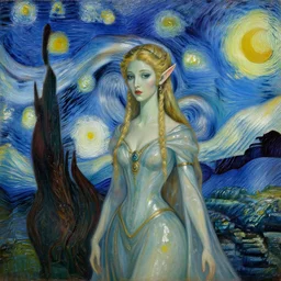 An oil painting of terrible, but beautiful Elven Queen in the style of Starry Night by Vincent van Gogh