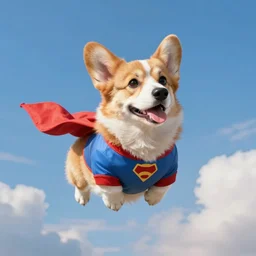[ corgi wearing a superhero suit ] flying in [ the sky ] trending on artstation 4 k digital art cgsociety contest winner artstation hd 8 k detail bright lighting beautiful atmosphere whimsical clouds blue sky