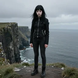 1 7 - year - old pale - skinned british - persian girl with black long bob cut, long bangs, black gothic jacket, black jeans, psychic girl, standing on cliff along the irish coast, overcast gray skies, ultra - realistic, sharp details, subsurface scattering, intricate details, art by william - adolphe bouguereau
