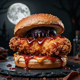 monster that looks like a fried chicken breast sandwich, bbq sauce splashes, dark lighting, moonlight, horror, scary, hyper - realistic