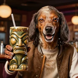 a closeup photorealistic photograph of happy snoop dogg at trader vic's bar holding up a trader vic's tiki mug featuring the face of snoop dogg. tiki culture. brightly lit scene. this 4 k hd image is trending on artstation, featured on behance, well - rendered, extra crisp, features intricate detail, epic composition and the style of unreal engine.