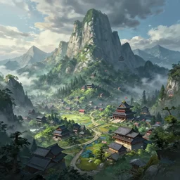 a powerful japanese village high in mountains, concept art by laurie greasley and greg rutkowski, fantastic landscape, 8 k, cinematic color grading