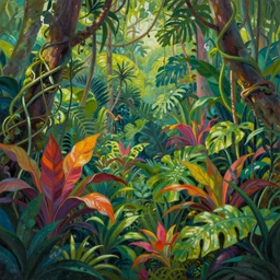 deep in the jungle with exotic plant life, colorful tropical plants, natural botanical gardens, vines along the jungle floor, acrylic painting by nick garbutt, artstation, concept art, award winning,