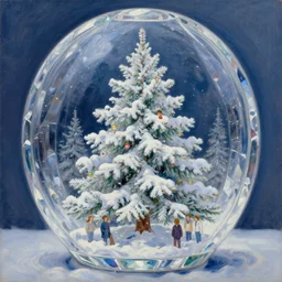 high intricate oil painting of a snow covered christmas tree inside glimmering crystal glass, maria panfilova, andrea savchenko, mike kime, ludovic plouffe, qi sheng luo, oliver cook, david noren, trending on artstation
