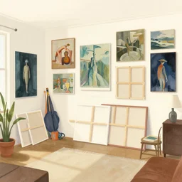 illustration of a living room where there is a lot of painting canva displayed on the walls, by Victo Ngai and James Gilleard and Bruce Pennington