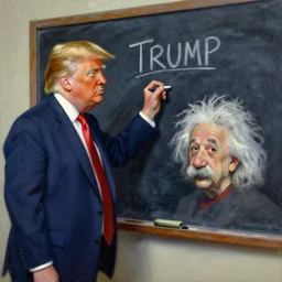 An impressionist oil painting of Donald Trump and Albert Einstein writing on a chalkboard