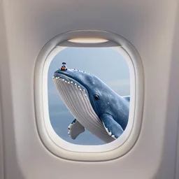 an airplane with a tiny whale pilot, the whale is in the airplane cabin, the whale head can be seen through the window by people outside the airplane, the whale can be seeing inside the front of the plane, the command pilot is a whale, the whale is behind the window, the photo is taken outside the plane