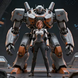 girl weared in the sci - fi heavy suite, deep space, gray and orange colours, big mech, landing gear, avatar, cinematic keyframe. by fausto de martini, wadim kashin. ultra realistic, cinematic light, ue 5, featured on artstation, octane render, sharp focus, ray tracing, artstationhq, cgsociety, cinematic 8 k.