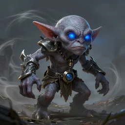 a highly detailed goblin with grey skin and blue eyes that glow, surrounded by blowing wind, like magic the gathering, goblin chainwalker,, digital art, by christopher rush