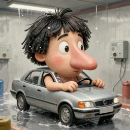 a very large nose with arms, wearing a small wig, driving a car, in the car wash. funny humorous surrealist illustration, detailed art