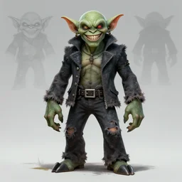 Full body goblin, ripped suit, grinning, smile, concept sheet