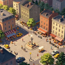 detailed wimmelbilder cartoon image of a city square with shops and cars and bicycles and stands