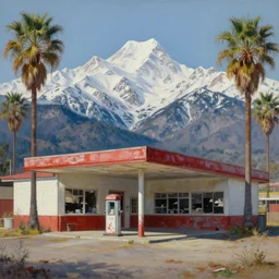 natural american landscape | abandoned gas station | palm trees | snowy mountains, painting by syd mead and weta studio and james jean, frank frazetta, highly detailed, rule of third, soft lighting, 8 k resolution, oil on canvas, architectural magazine, beautiful detailed, insanely intricate details, artstation trending, hypermaximalistic, high details, cinematic