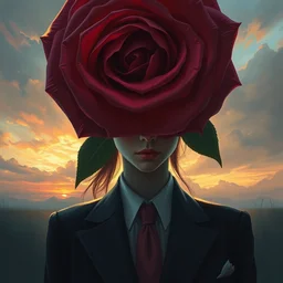 closeup, huge rose flower head, frontal, girl in a suit, surreal photography, sunrise, dramatic light, impressionist painting, digital painting, artstation, simon stalenhag